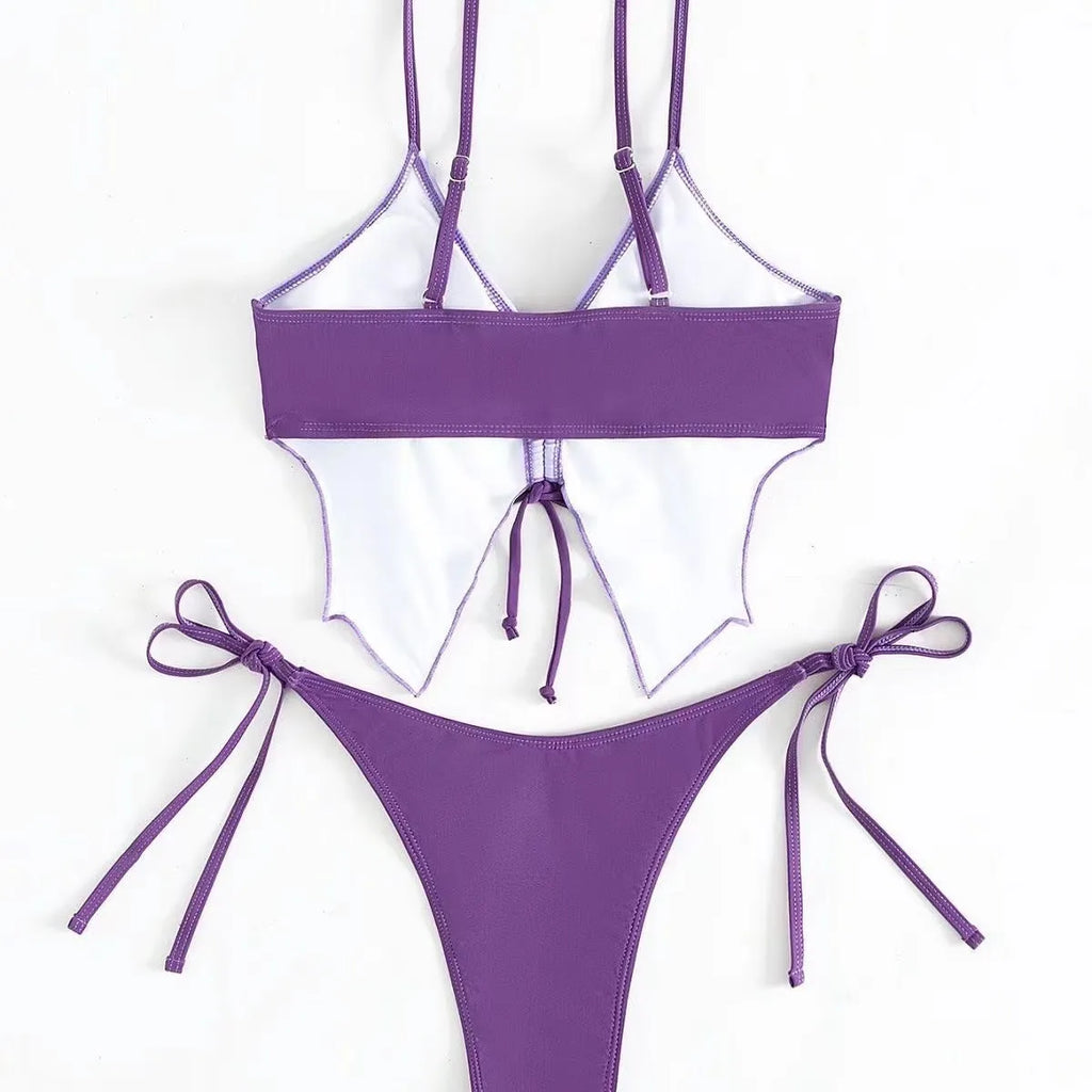 Women's purple bikini set with bow style top and high-cut briefs for swimming and fitness