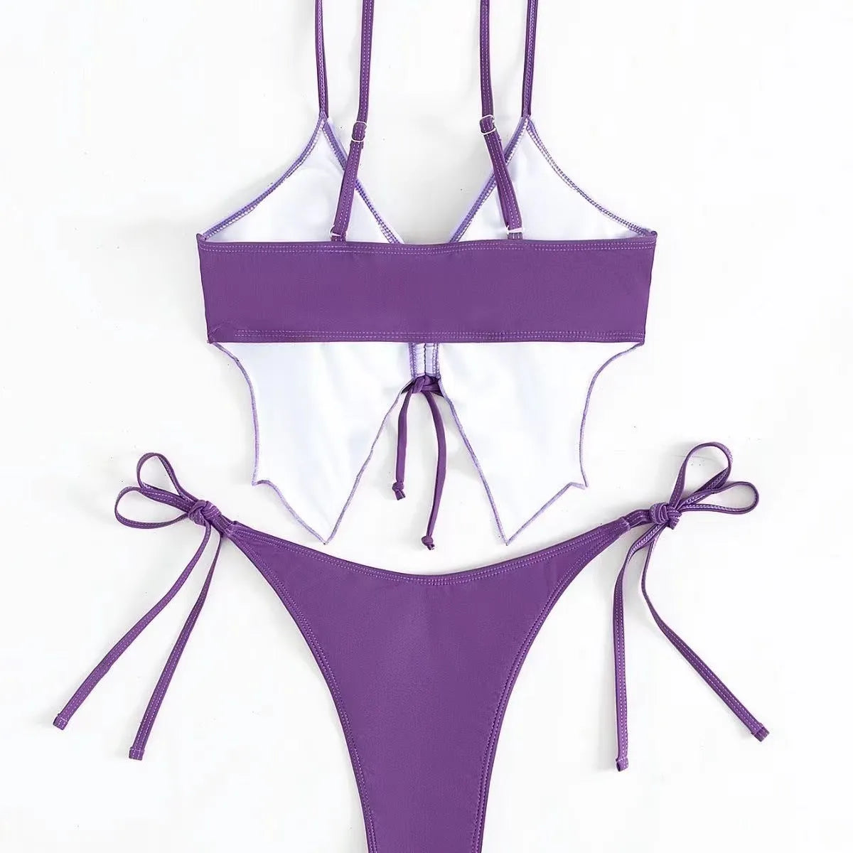 Women's purple bikini set with bow style top and high-cut briefs for swimming and fitness