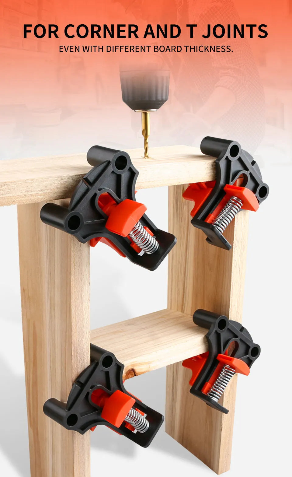 Four plastic 90-degree right angle clamps for woodworking and picture frame assembly