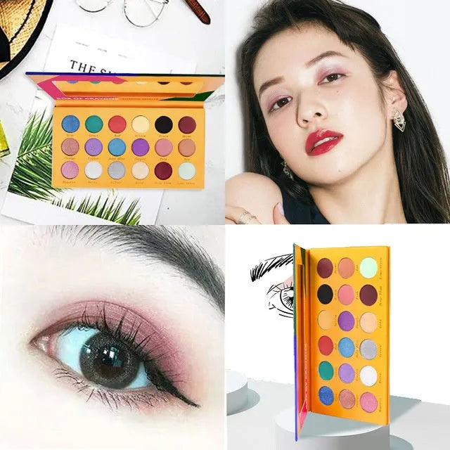 18 colour eyeshadow palette with pearly matte and shimmering pressed powder shades in a compact makeup set