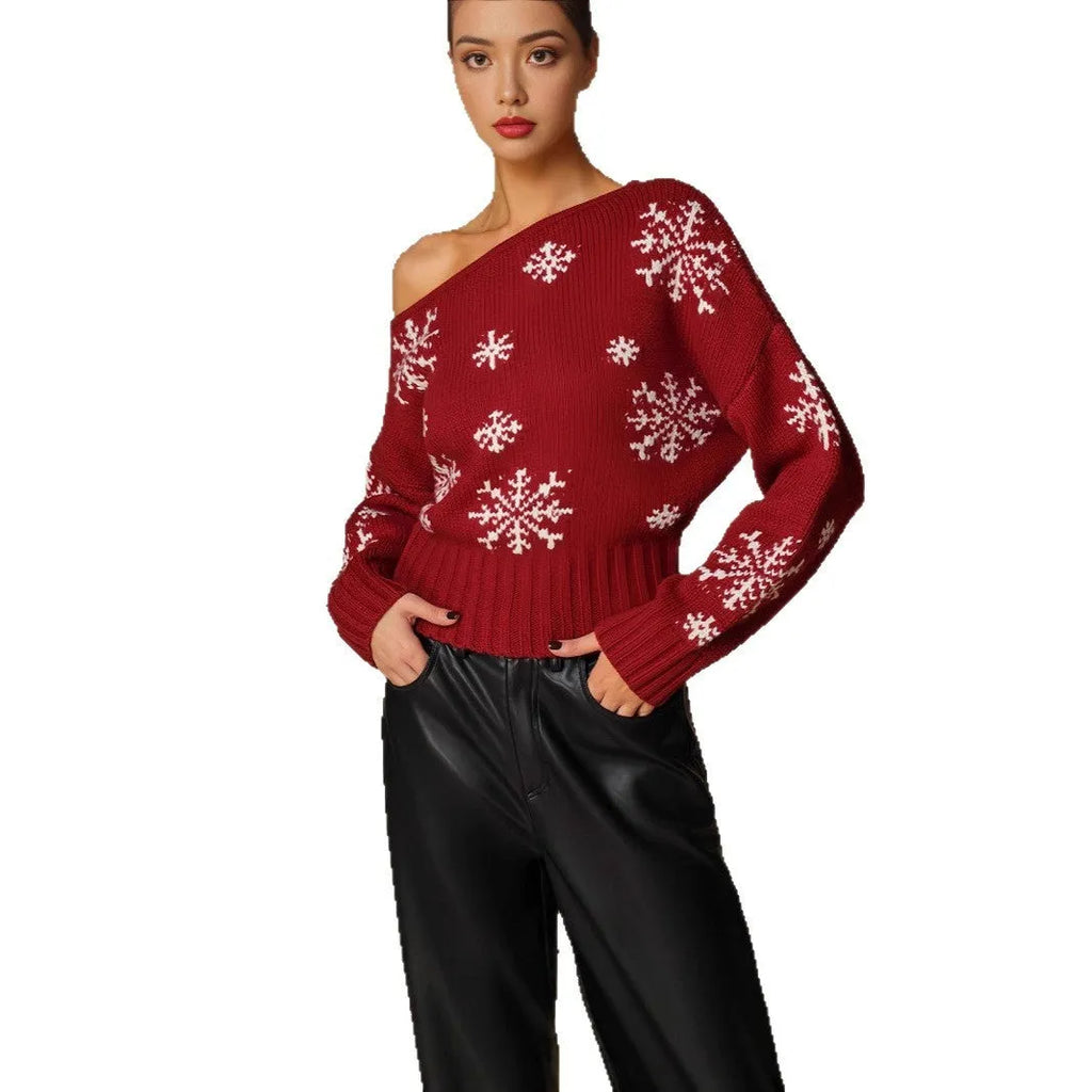 Women's red snowflake jacquard boat neck pullover Christmas sweater with crocheted flowers