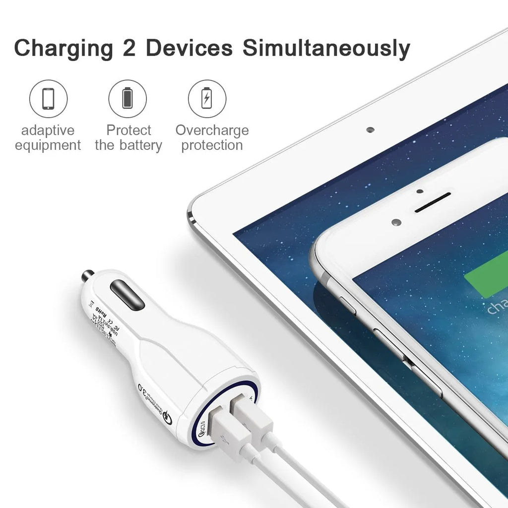 Quick Charge 3.0 dual USB car charger 36W with LED light and expanded back seat port, black or white