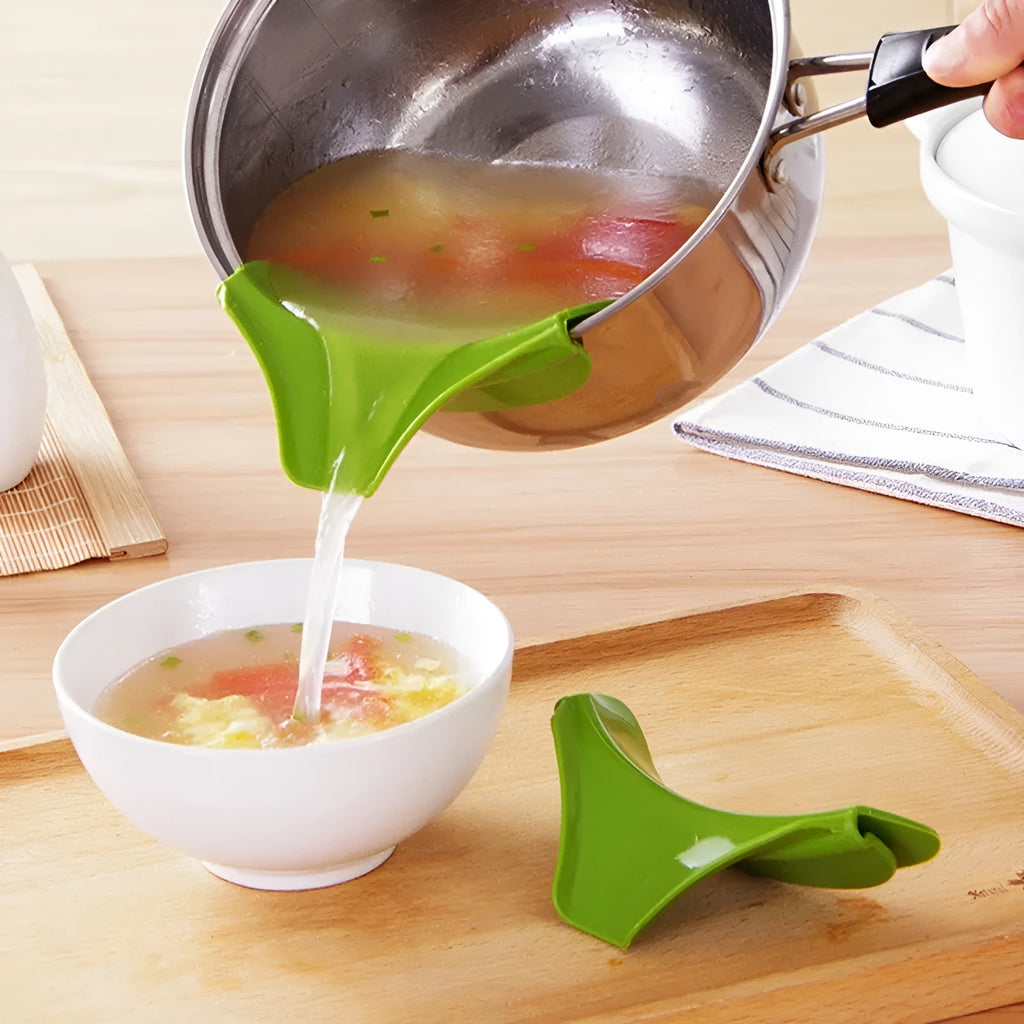 Green silicone soup funnel kitchen gadget showing flexible food-grade material and clip-on design