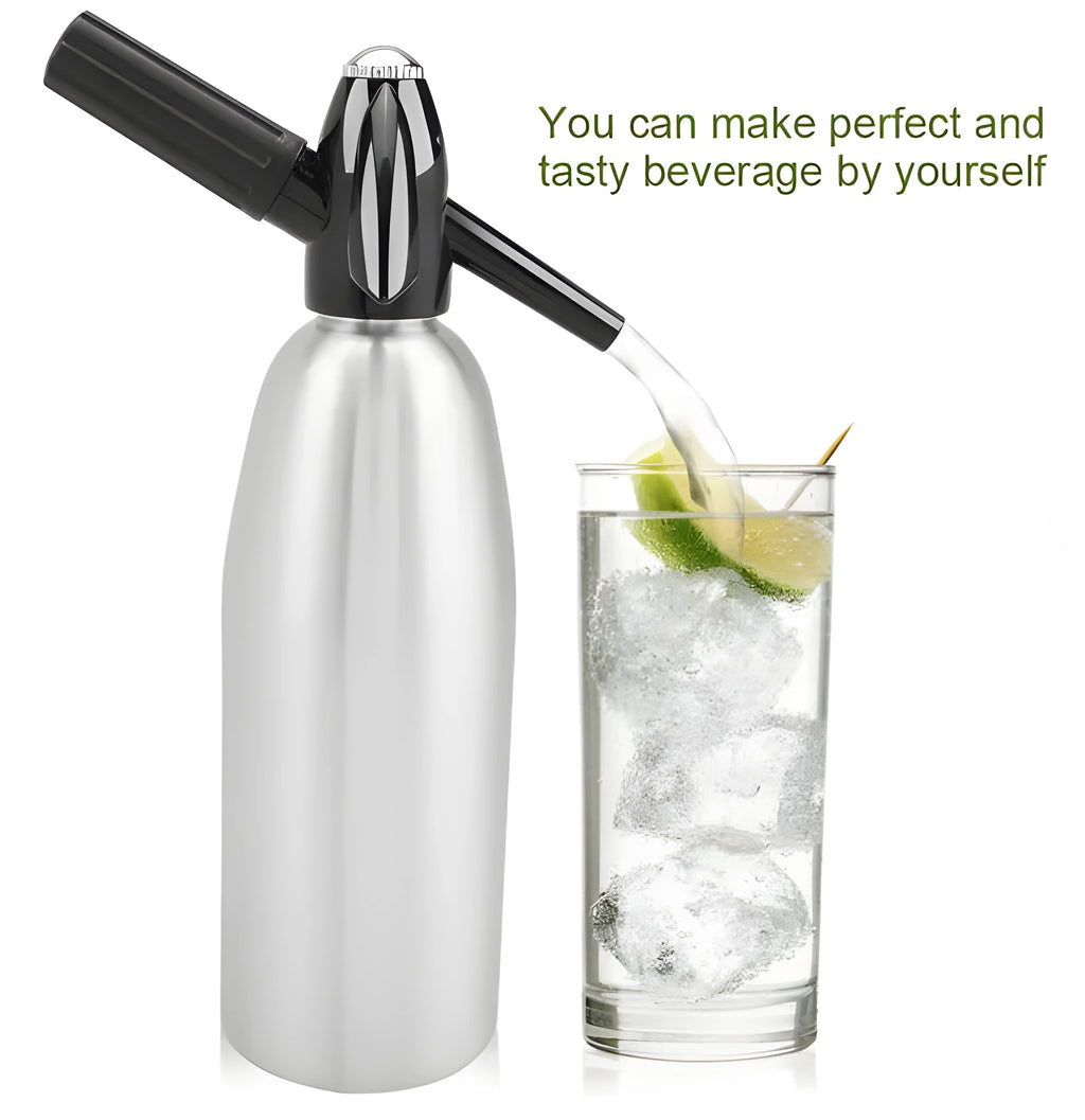 Silver portable 1-litre aluminium alloy soda maker with pressure regulator and safe cover