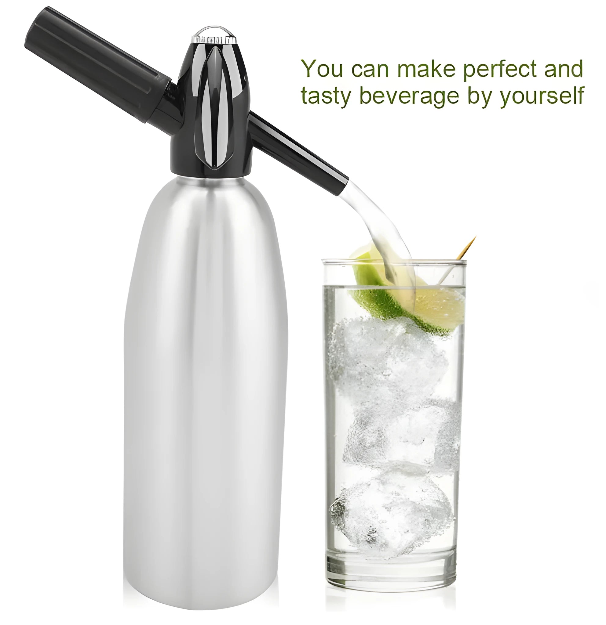 Silver portable 1-litre aluminium alloy soda maker with pressure regulator and safe cover