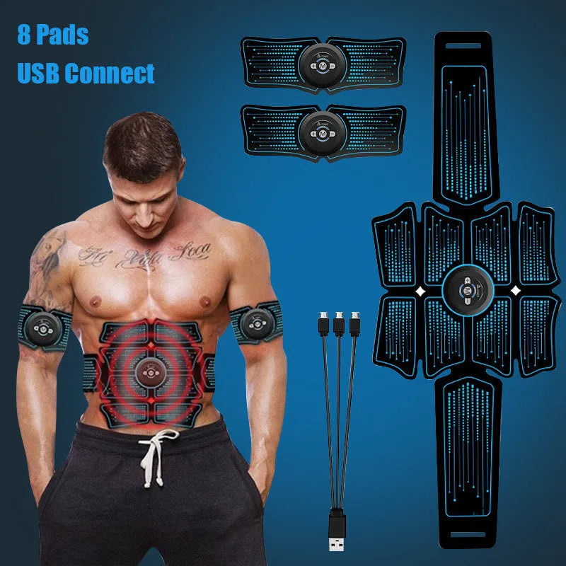 EMS muscle stimulating fitness sticker in blue with rechargeable device for abdominal and leg shaping