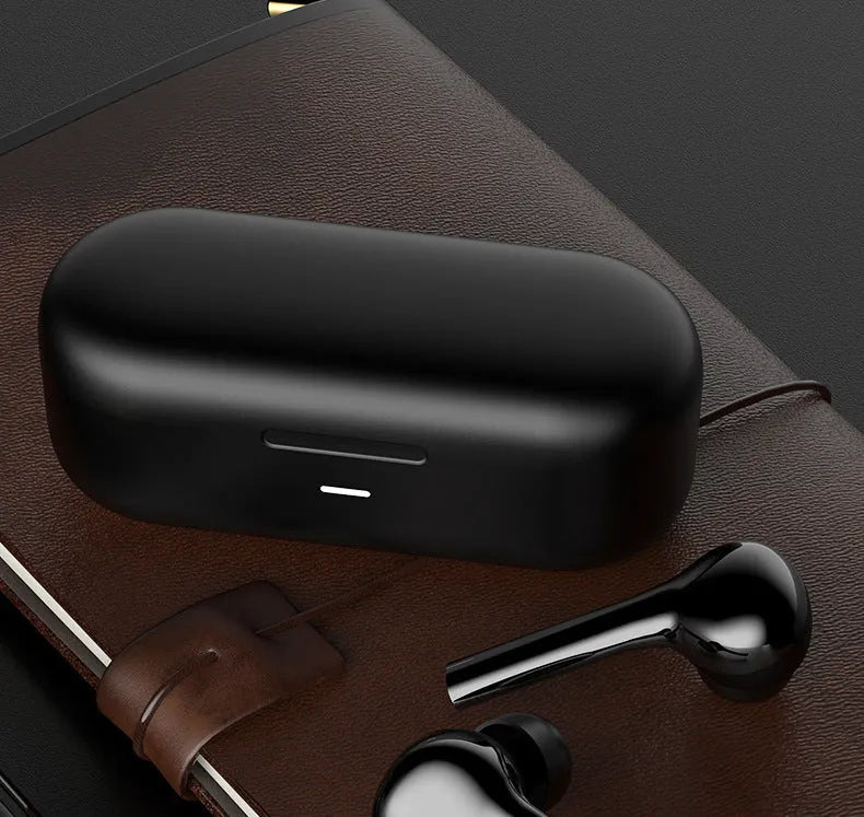 Black and white wireless touch-control earbuds with charging case