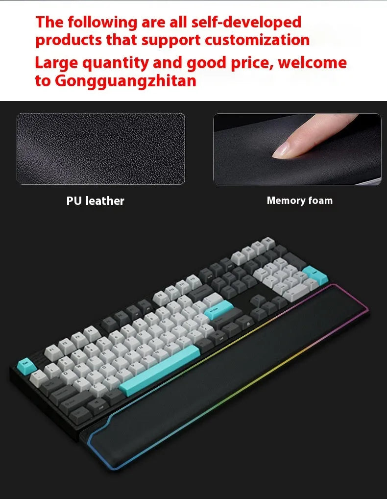Cowhide keyboard wrist rest support in black, with high-rebound design and USB Type-C data line, waterproof and non-slip surface