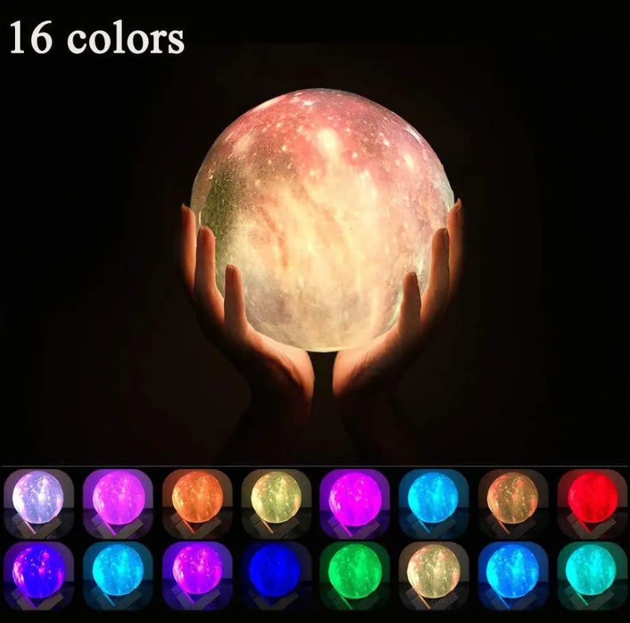 3D printed spherical lunar night light on a table, demonstrating remote control and colour-changing LED effects.
