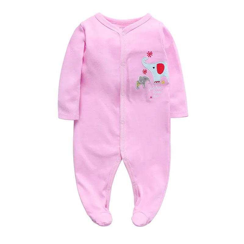 Cotton one-piece baby clothes showing dinosaur print and size options
