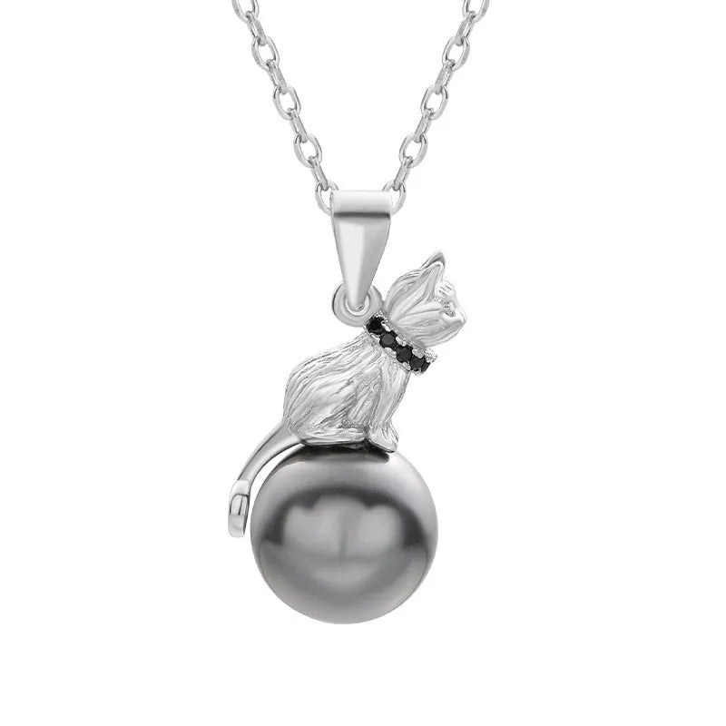 925 sterling silver cat pendant clavicle necklace with electroplated finish showing feline silhouette design