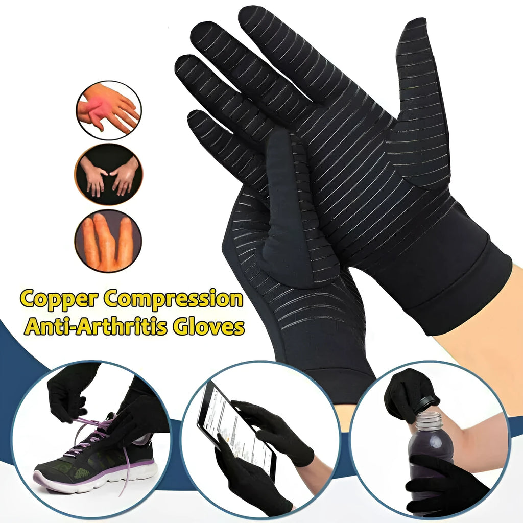Black copper fibre compression gloves for hand support, full finger, XL size 27-29cm palm
