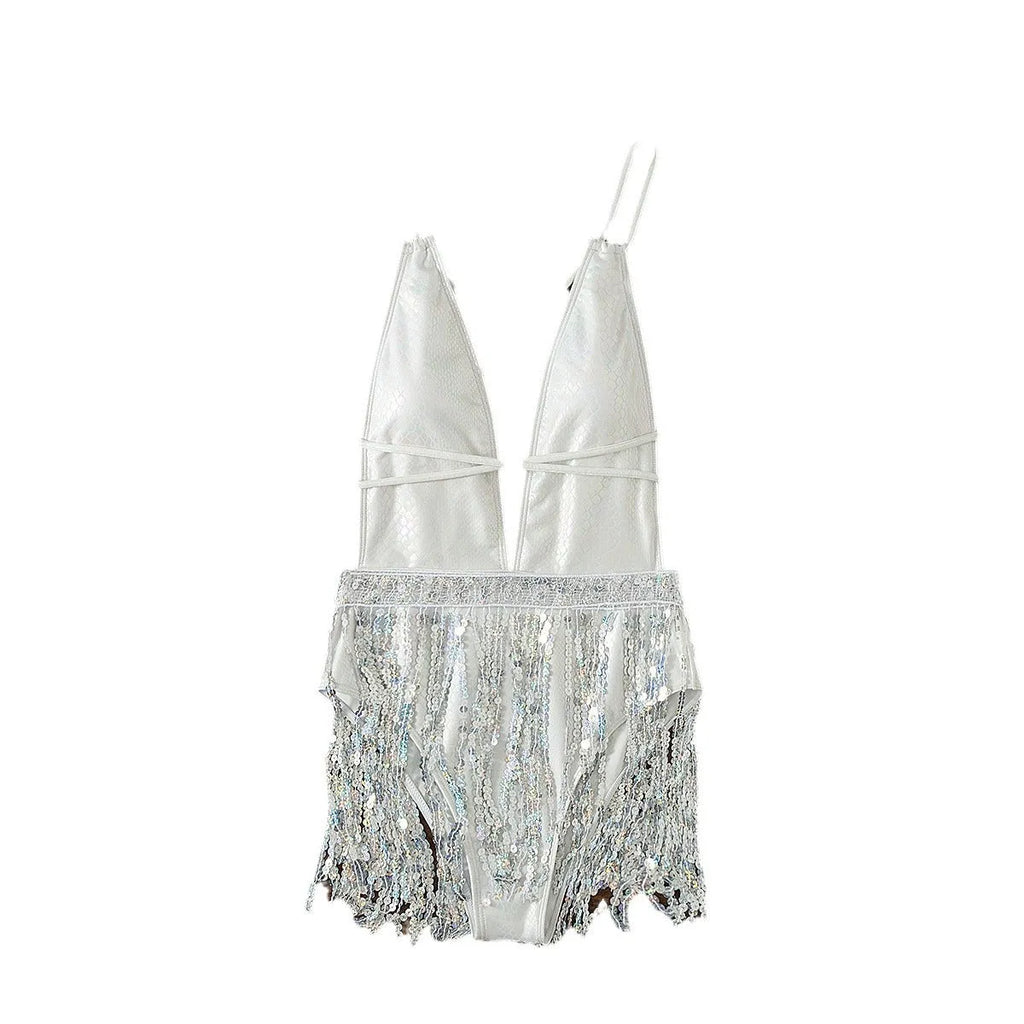 White women's deep V-neck one-piece swimsuit with tassel trim on brief-style bottom