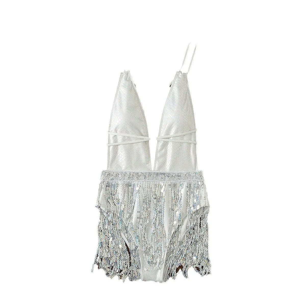 White women's deep V-neck one-piece swimsuit with tassel trim on brief-style bottom