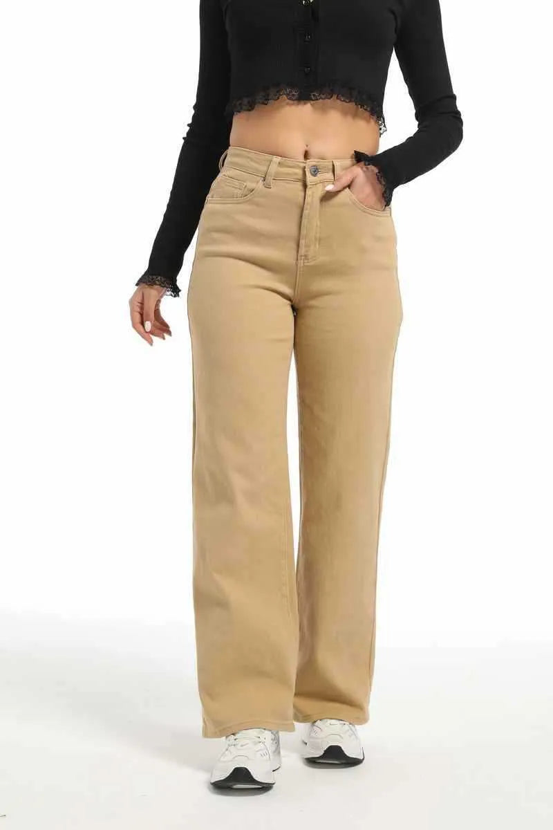 Women's high-waist wide-leg straight jeans in apricot colour, made from cotton.