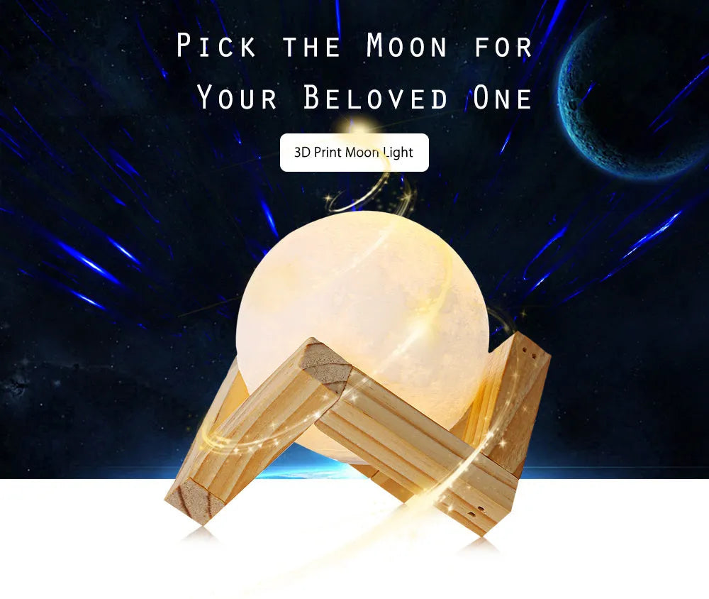 3D printed white moon lamp with detailed craters on a wooden holder, showing touch ring at base.