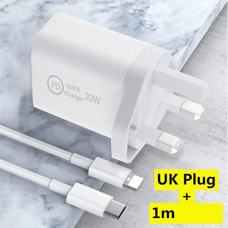 20W PD fast charger UK plug with USB-C output, flame-retardant shell, and safety certifications