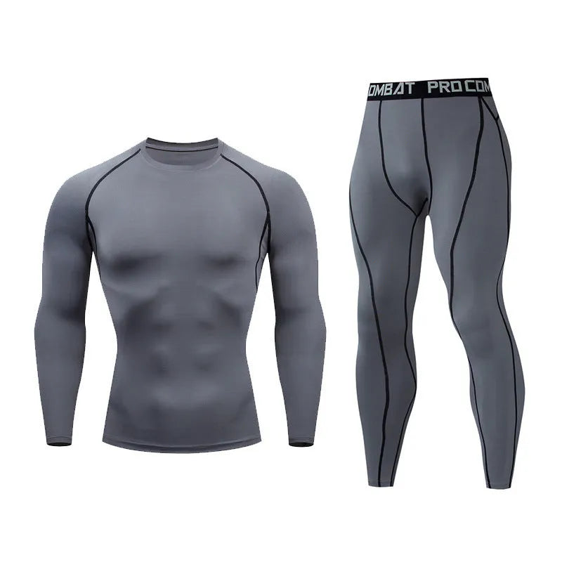 Men's fitness set long-sleeved top and compression tights quick-dry milk silk spandex tight fit round neck