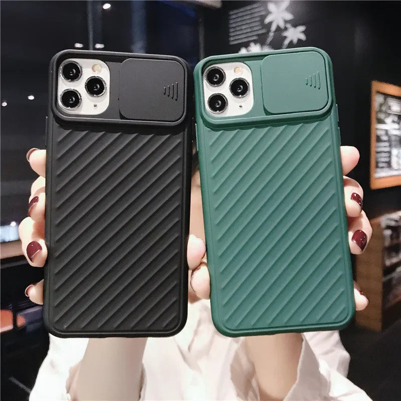 Soft TPU iPhone case with slide camera lens protector and matte back cover in black, green and blue