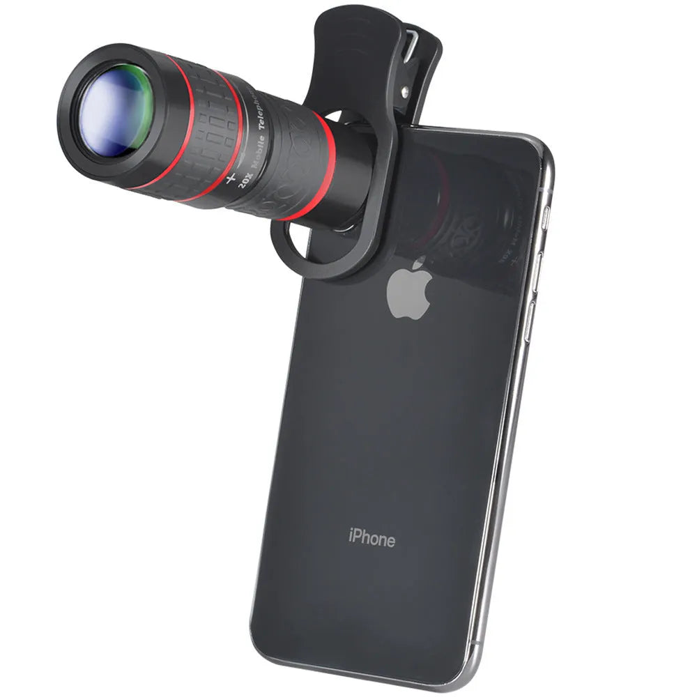 20x magnification mobile phone telescope with optical glass lens and universal mounting clip.