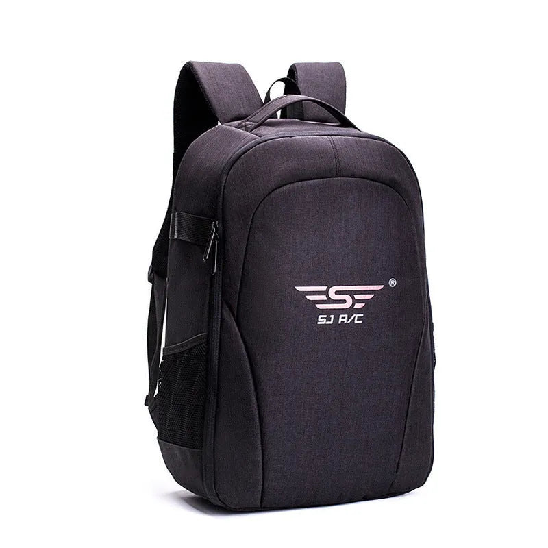 Black waterproof drone backpack with internal camera and laptop organisers showing multiple zipper compartments