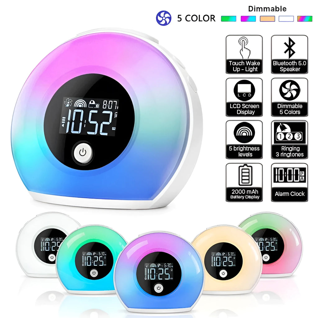 Digital music alarm clock with VA LCD display, Bluetooth 5.0 speaker, and fluorescent lighting effects in colourful mode