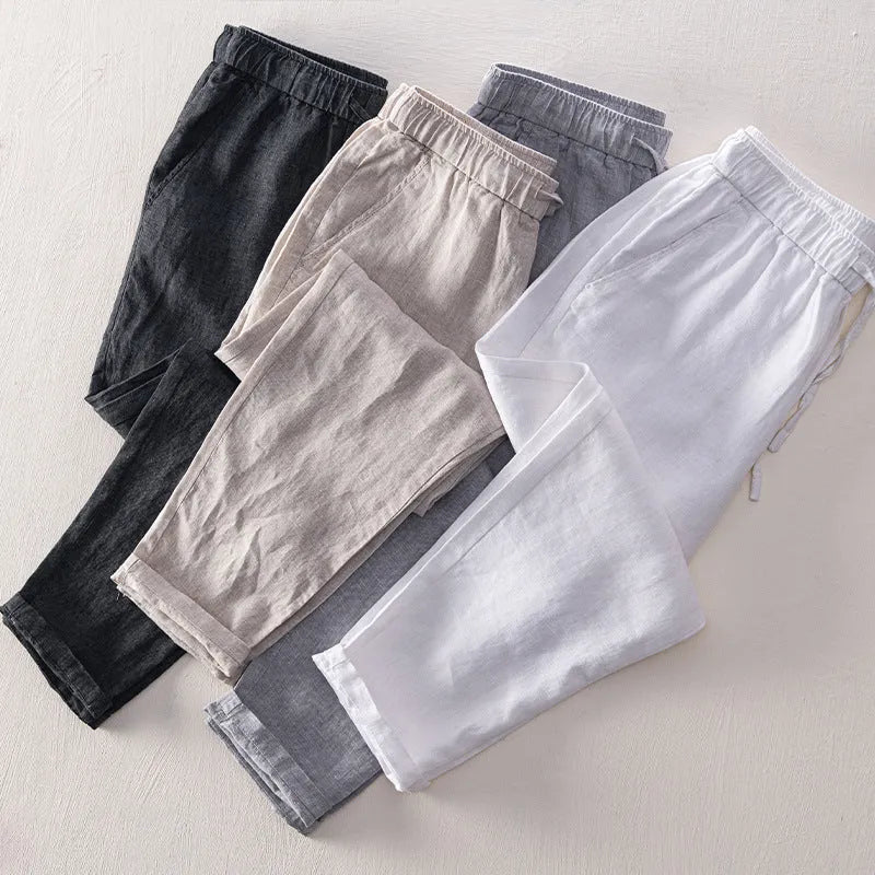 Men's straight-leg linen trousers in mid-waist design showing colour options