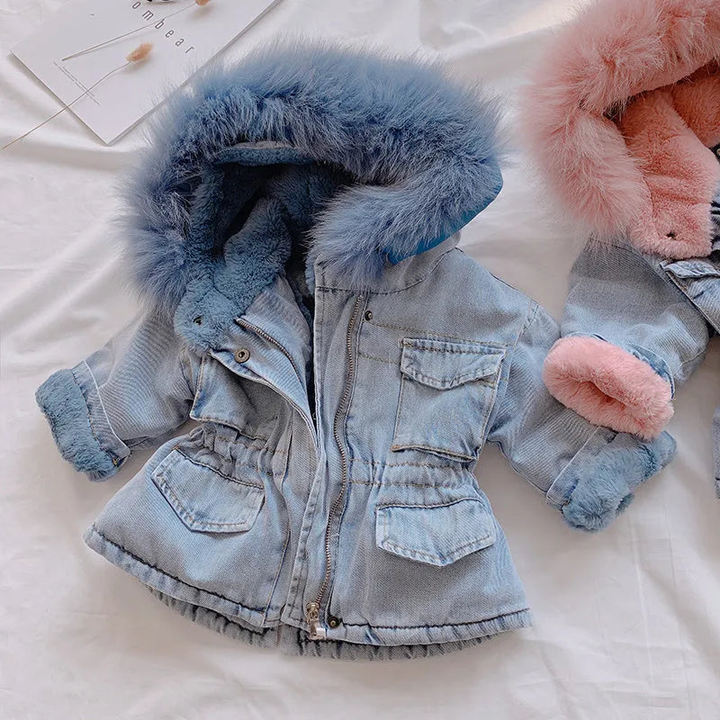 Blue denim coat for girls with attached hood and plus velvet lining shown with size tags