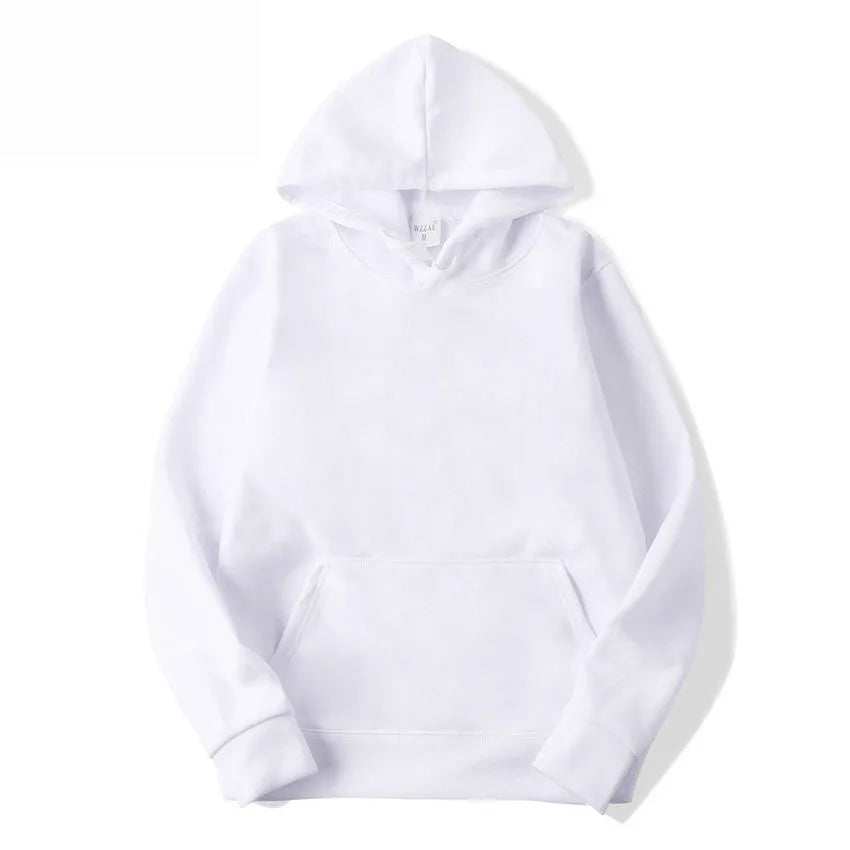 White cotton blend pullover hoodie with a hood and long sleeves laid flat.