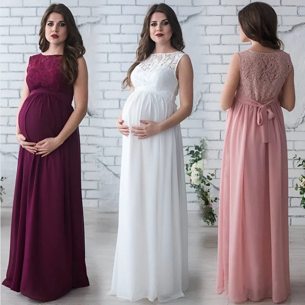 White lace sleeveless maternity dress with polyester fabric on dress form