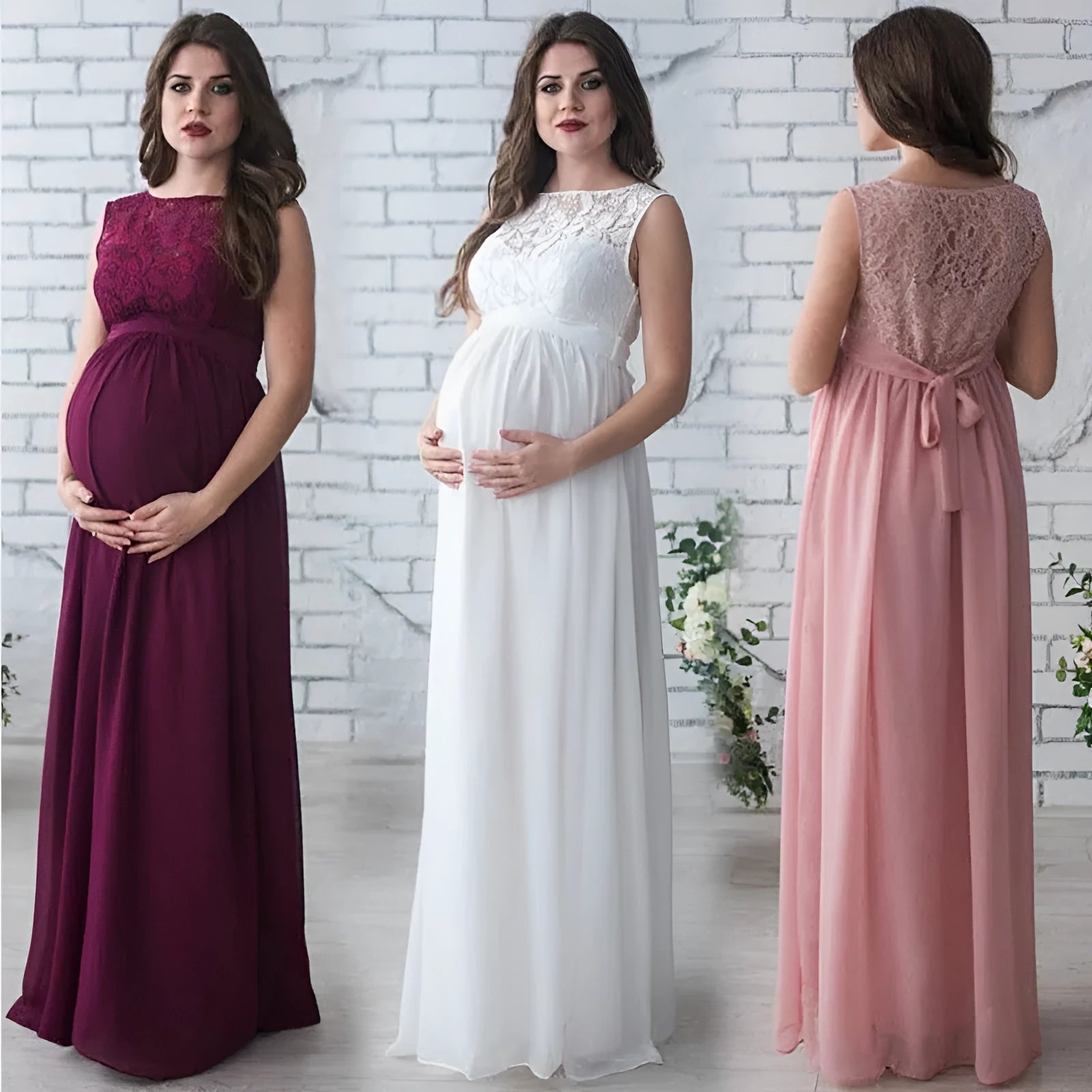 White lace sleeveless maternity dress with polyester fabric on dress form