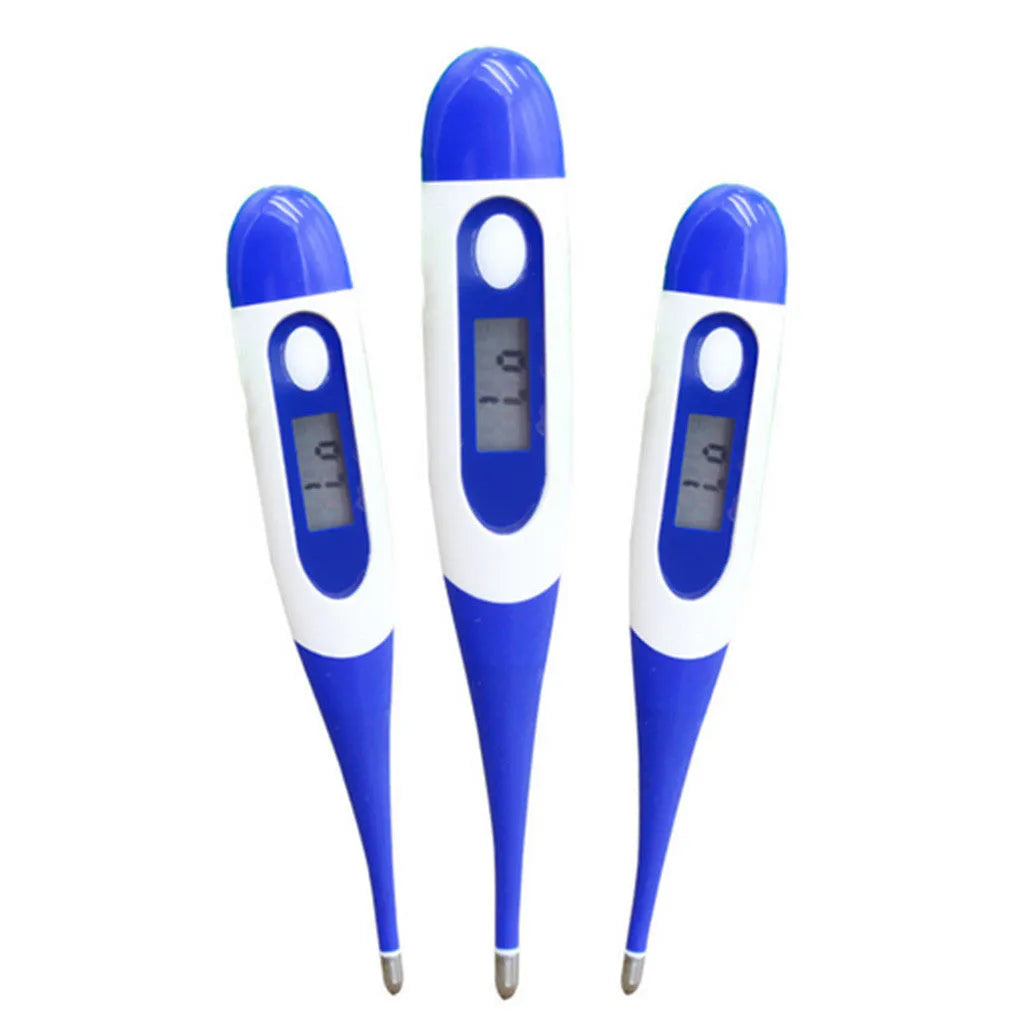 Blue digital electronic waterproof thermometer with LCD display, plastic and silicone body, mercury-free, ±0.1°C accuracy