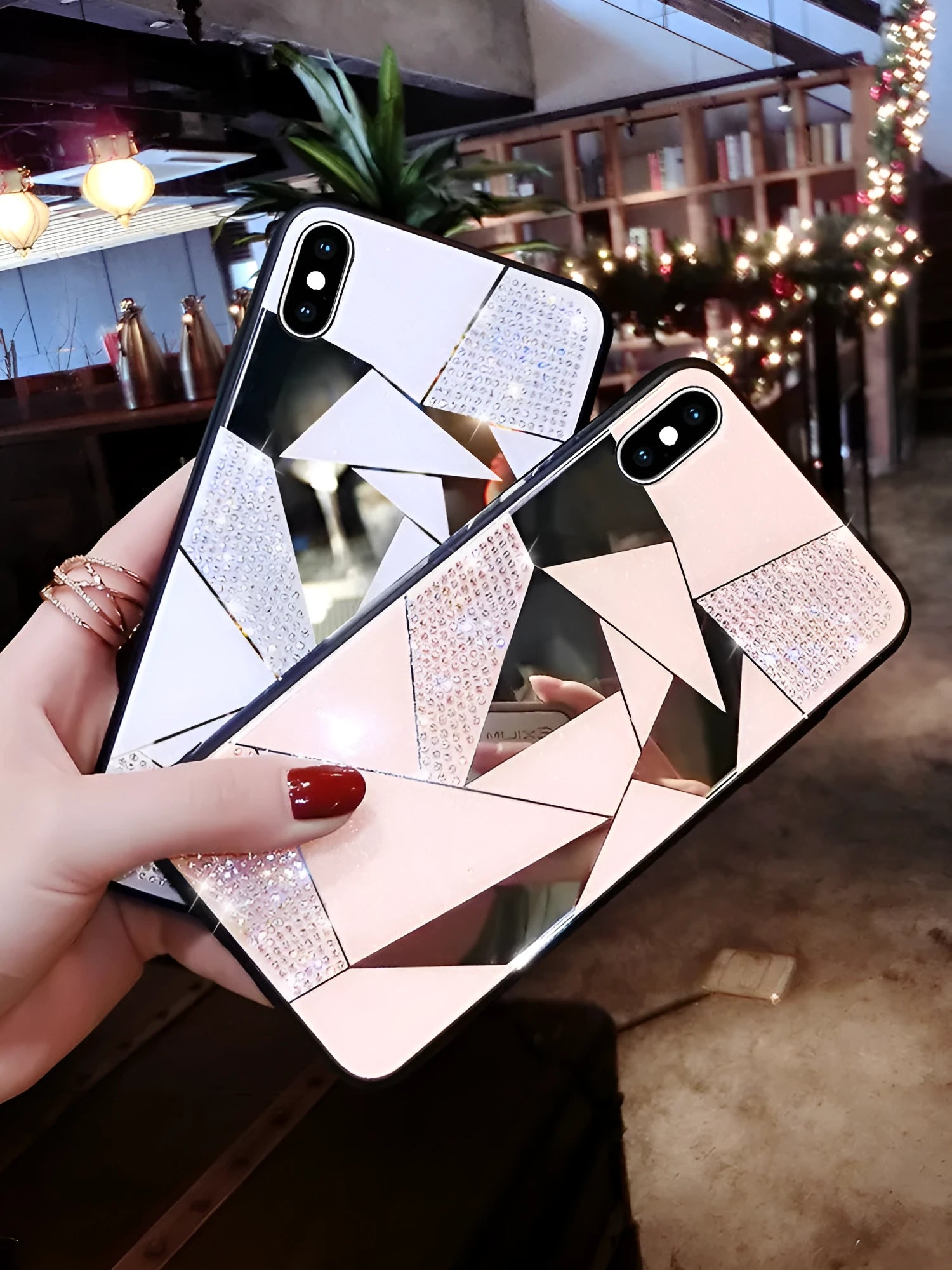 iPhone compatible silicone back cover with rhinestone diamond mirror finish in Gold and White colours for 11Pro, X, 8, 7, 6 models