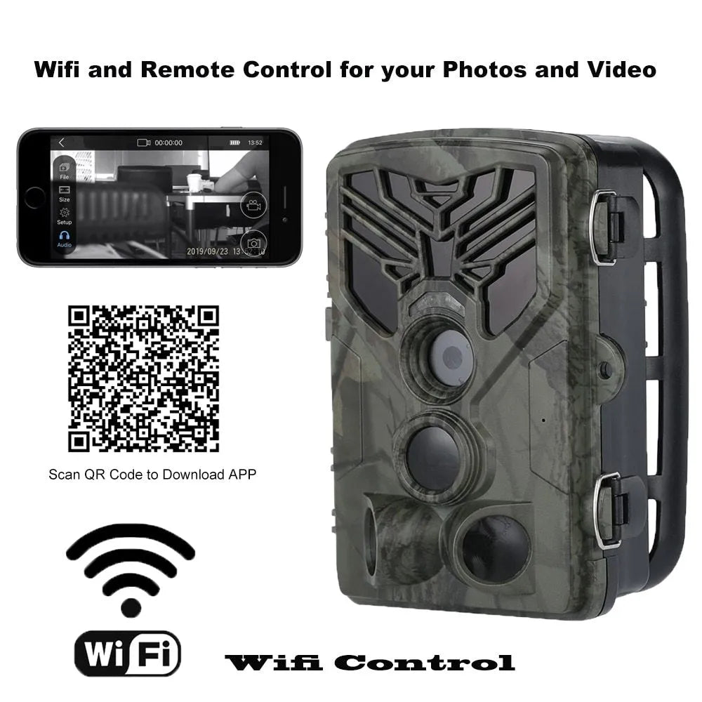 Wifi830 model Wi-Fi enabled trail camera with camouflage finish on a tree branch