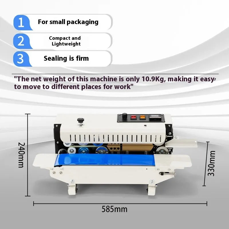 Compact white and grey handheld heat sealer with a date printing wheel, shown sealing a plastic bag.