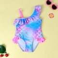 Girls' one-piece swimsuit with scale print and flounced gradient hem in nylon fabric
