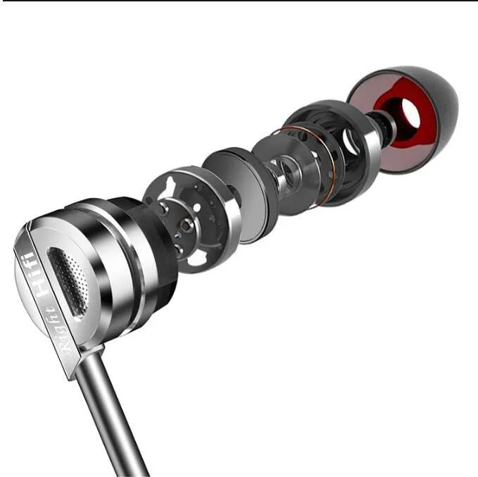 Black metal HIFI in-ear headphones with inline microphone and controls on the cable.