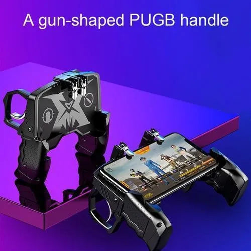 Black multi-function gamepad for PUBG Mobile with integrated phone holder and ergonomic handle design