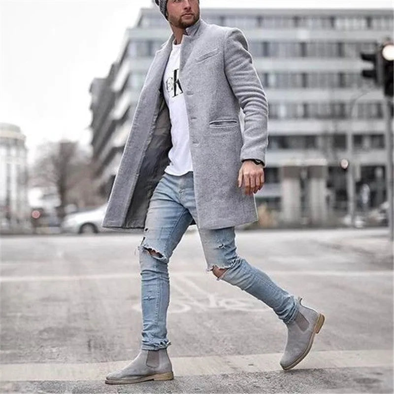 Men's long woolen trench coat, single breasted slim fit, black blue grey khaki, sizes XS to 5XL.