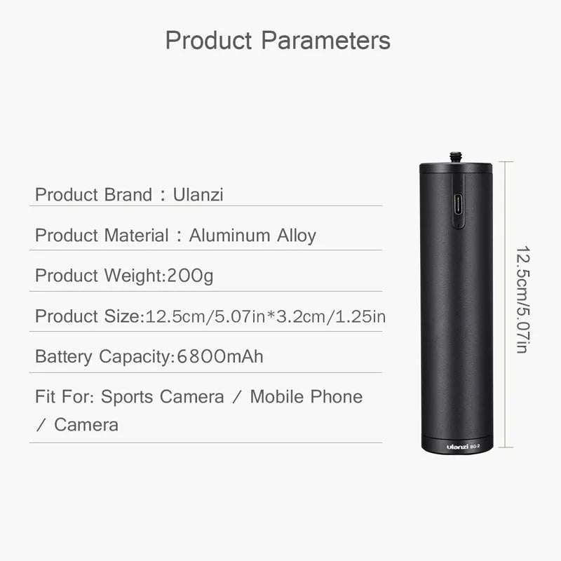 Black aluminium portable power bank with handle and 6800mAh capacity