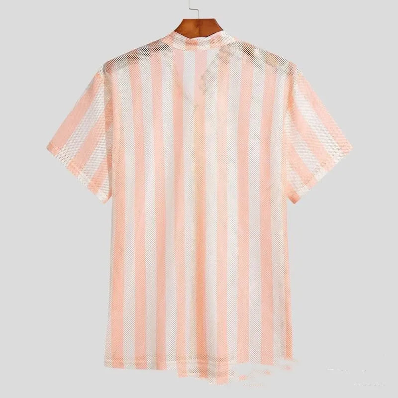 Men's pink waffle-textured summer shirt with short sleeves and cardigan style