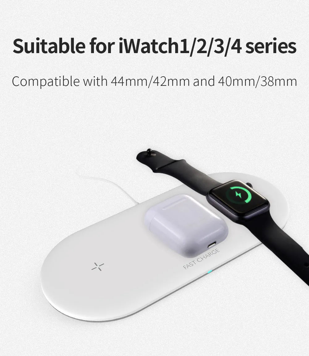 Black three-in-one wireless charging station for Apple Watch, iPhone, and headphones on a desk.
