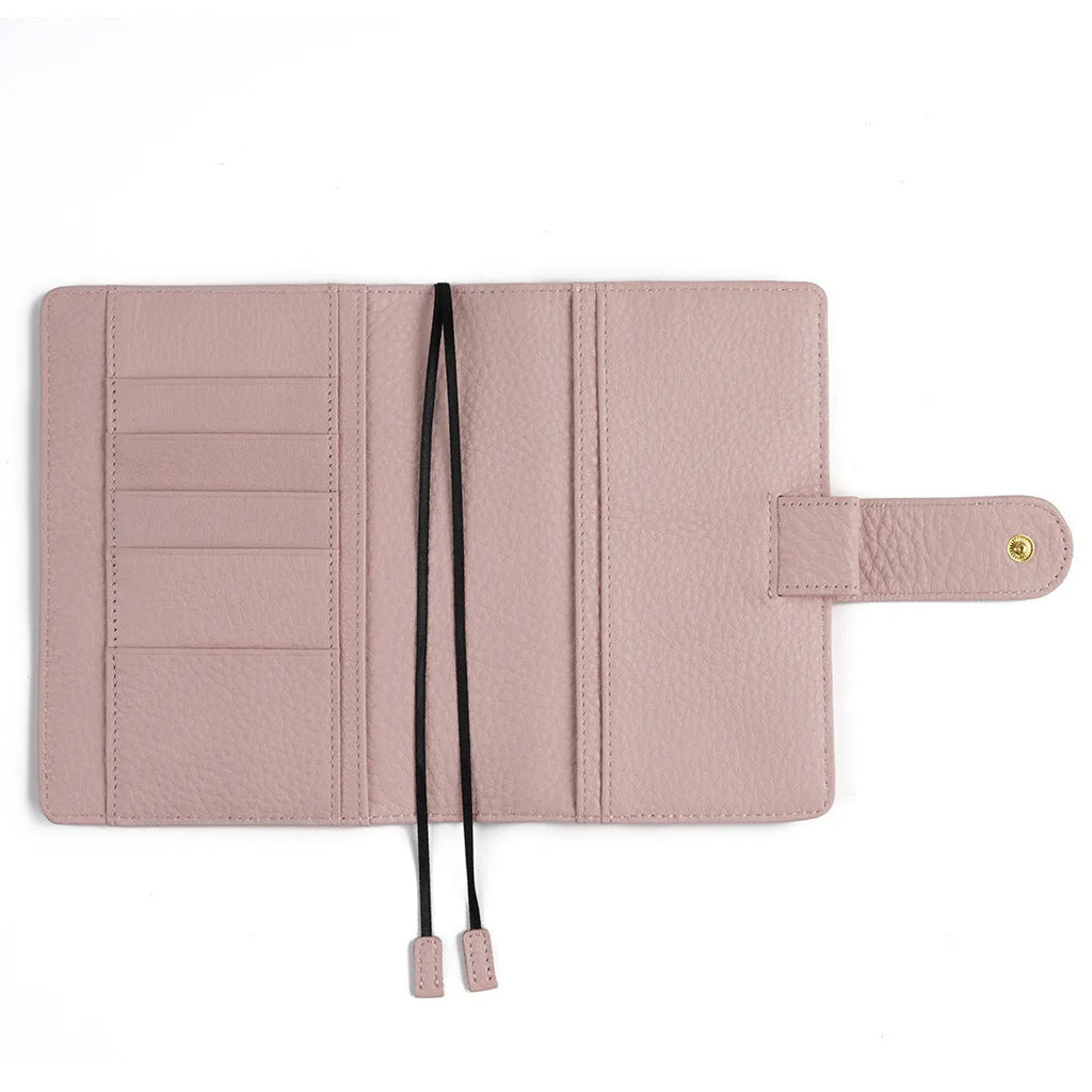 A6 leather notebook with lychee pattern cowhide cover showing loose-leaf binding in three colour options