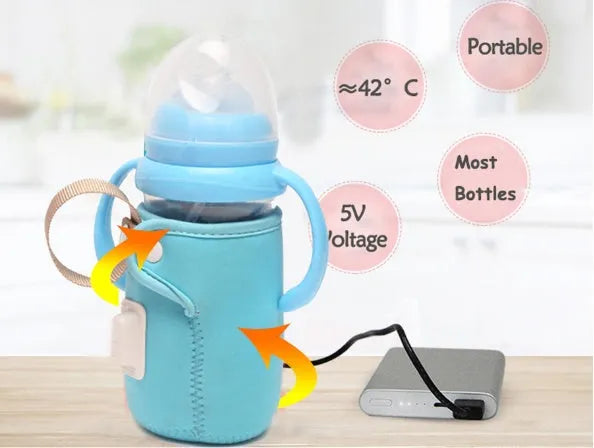 USB heated baby bottle warmer sleeve in blue, wrapped around a milk bottle showing its cotton and PC construction.