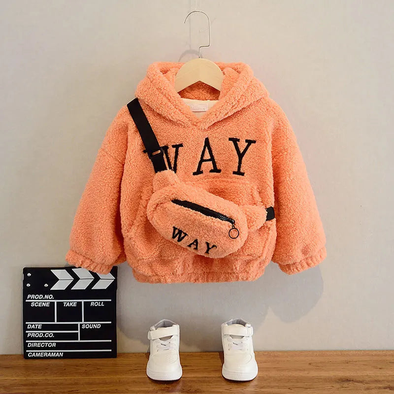 Children's fleece jacket with hood in cashmere fleece fabric with cartoon print design