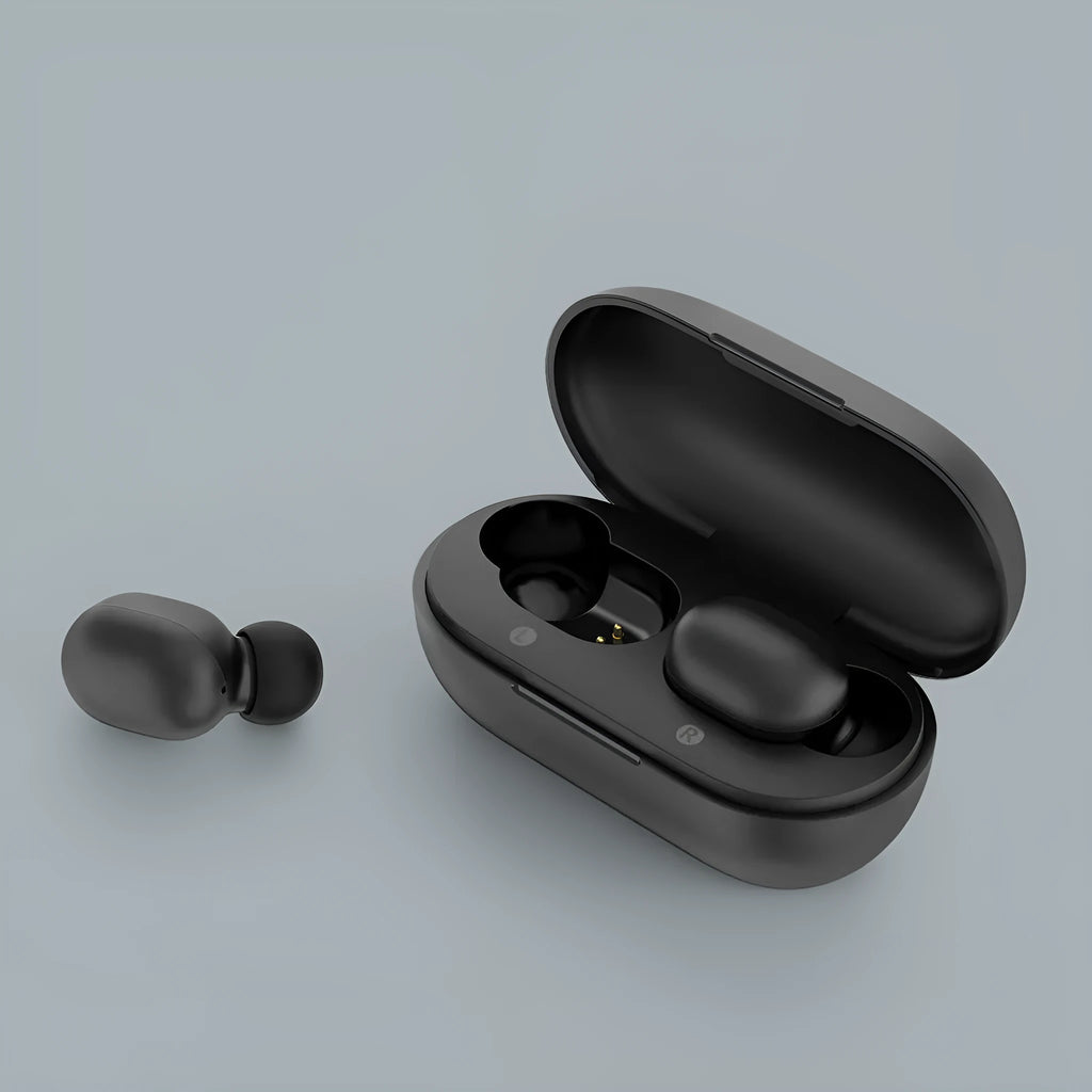 Black true wireless Bluetooth earbuds with stereo sound and Bluetooth 5.0 connectivity