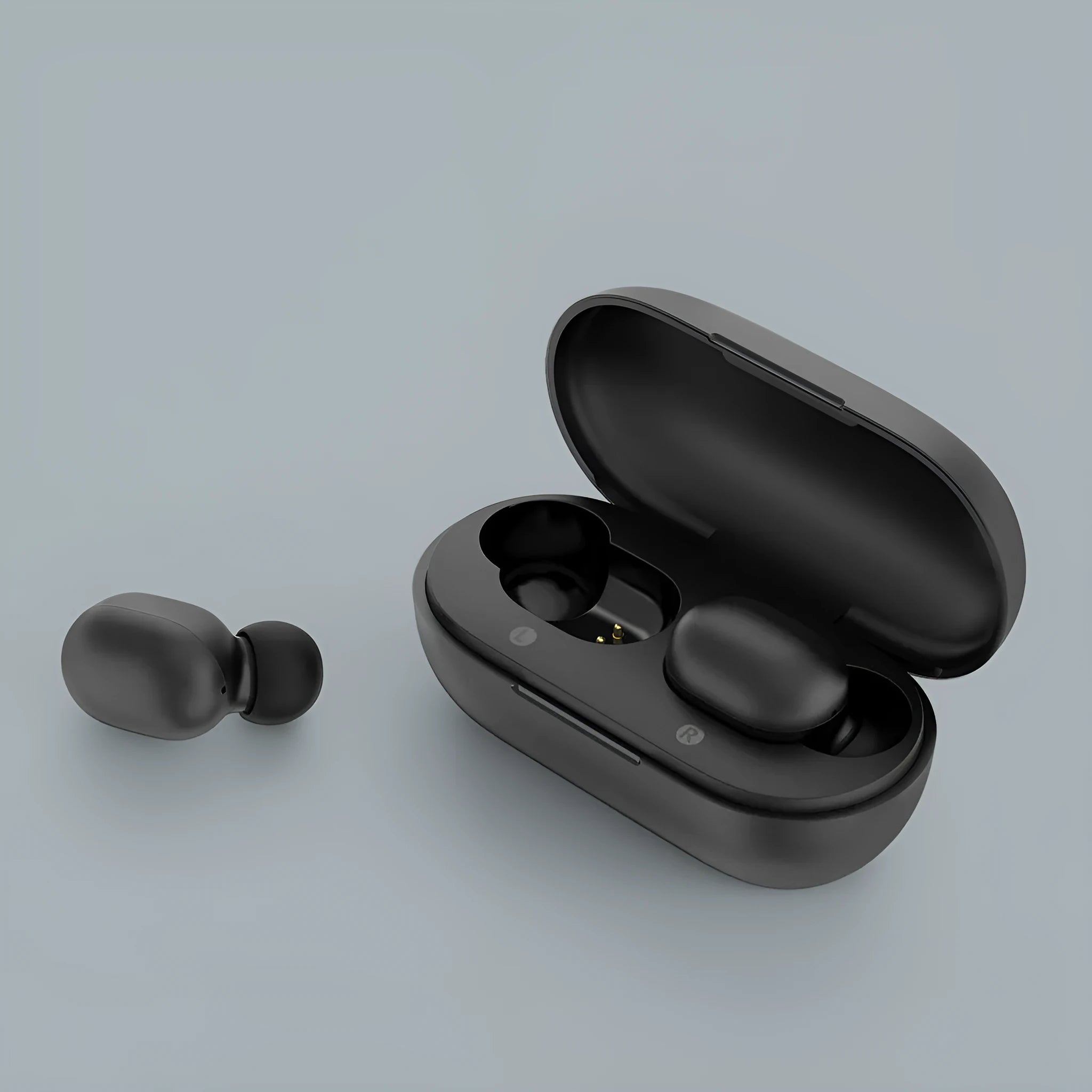 Black true wireless Bluetooth earbuds with stereo sound and Bluetooth 5.0 connectivity