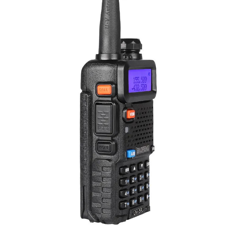 Professional black walkie talkie with antenna showing dual-band UHF VHF operation and 128 channel capacity