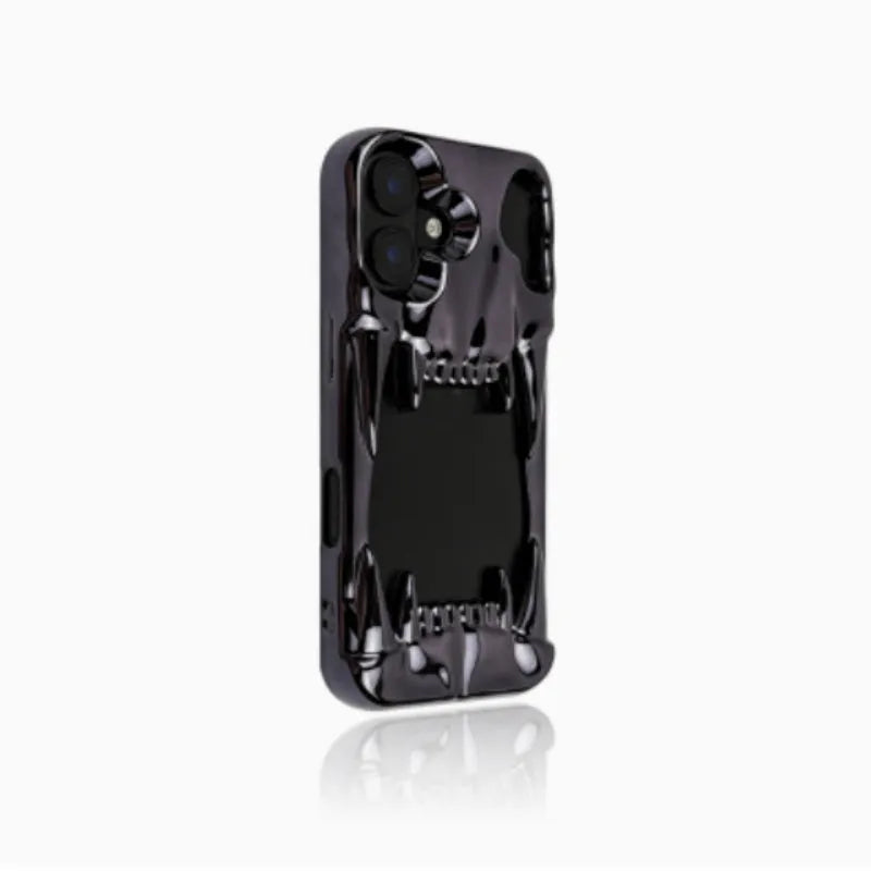 Bright silver electroplating iPhone case with hollow skull and tiger tooth design, silicone protective cover