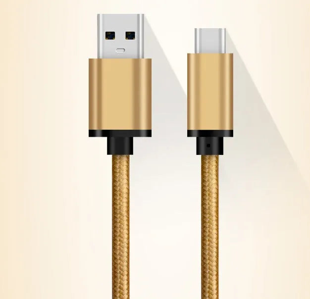 Metal USB Type-C to USB 3.0 charging cable in silver, grey, or gold colour.